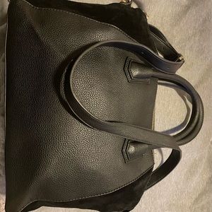 Black Suede/ leather tote with top handle, and shoulder strap